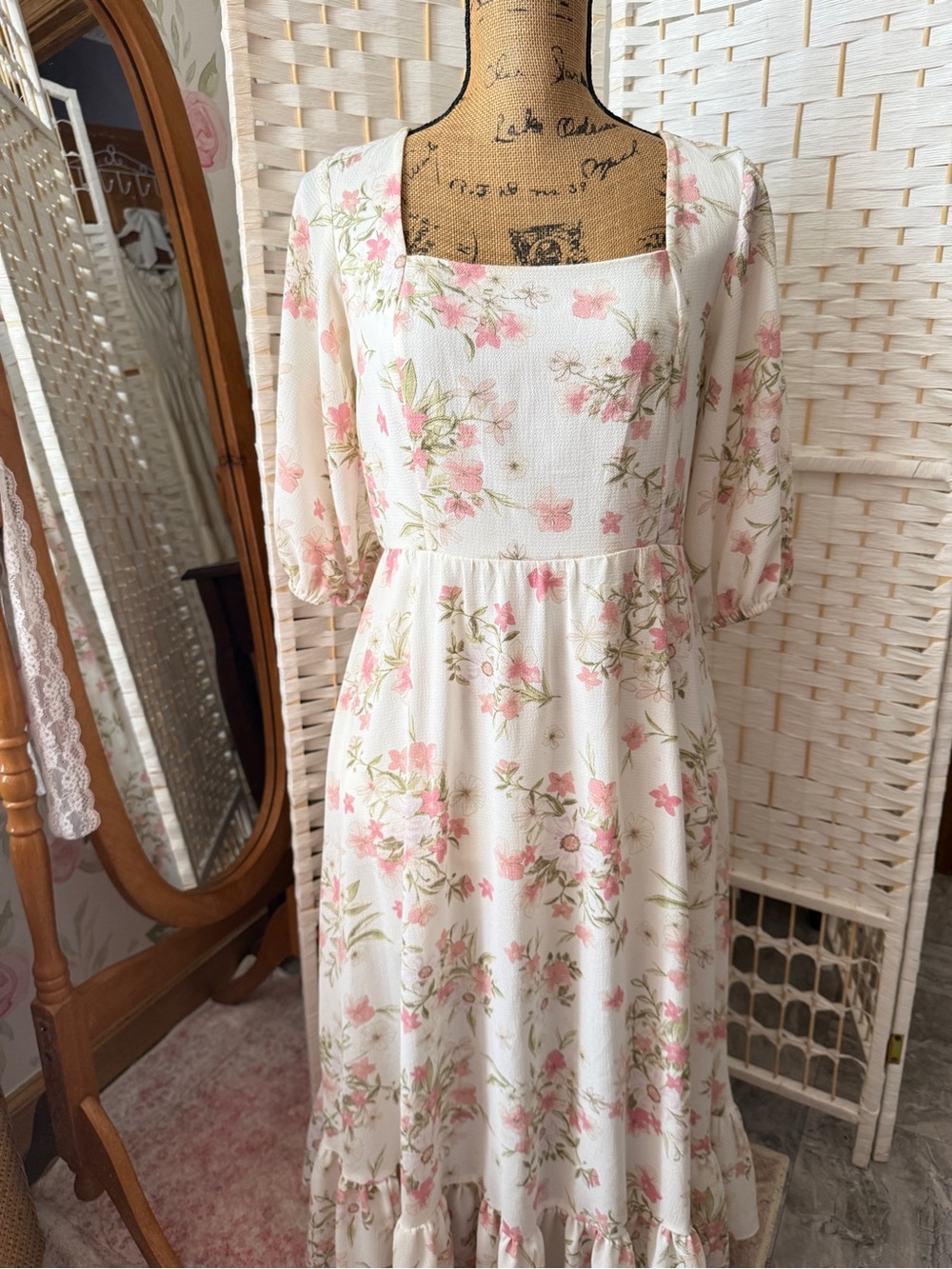 Floral Cream Midi Dress with Pink Blossoms